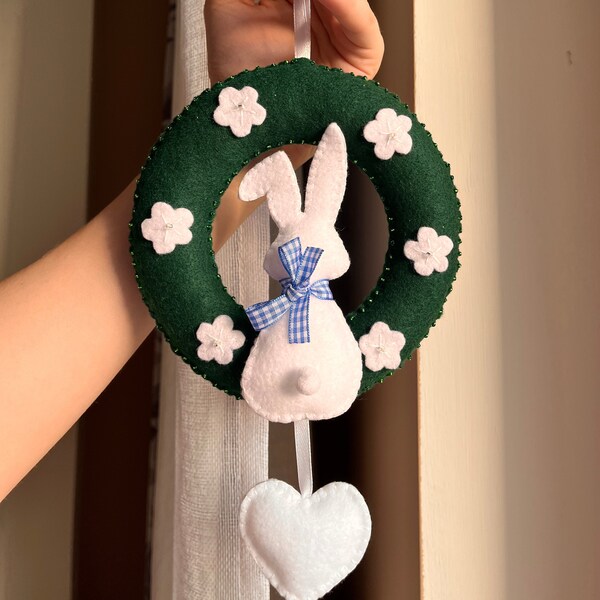 Easter felt wreath, Easter Bunny Wreath, Wool Felt Spring, green Easter wreath with a white bunny and a white heart