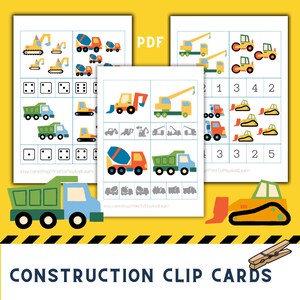 May include: Construction clip cards for kids featuring colorful illustrations of construction vehicles like dump trucks, excavators, and cement mixers. The cards have numbers and dice for counting and matching activities.
