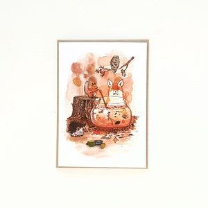 Greeting card featuring original watercolour artwork of fox, hedgehog, owl, squirrel, robins in woodland Autumn fall painting