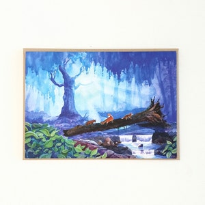 Watercolour Forest Foxes Greeting Card, Cute Cosy Original Art Blue Forest Night Painting Blank Card