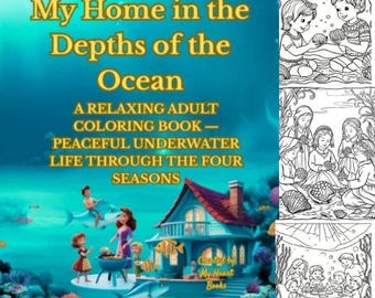 May include: A coloring book cover titled "My Home in the Depths of the Ocean." The cover shows a vibrant underwater scene with a house, figures, and marine life. The book is described as a relaxing adult coloring book.
