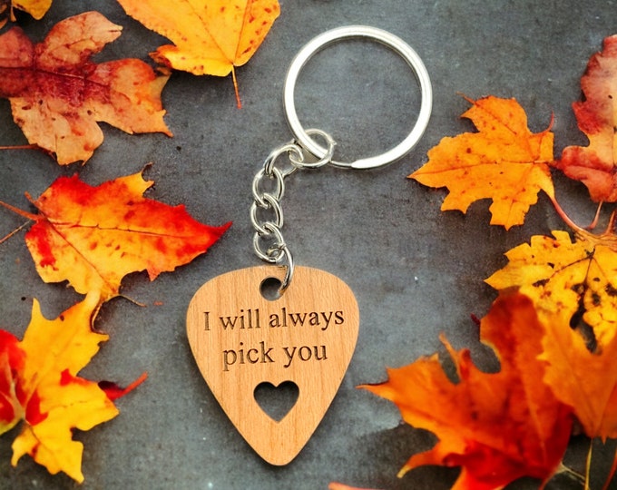 Personalized Wood Guitar Pick Keychain, Personalized Keychain, Anniversary Gift, Pick Keychain, Plectrum Keyring, Couple Keychain, Dad Gift