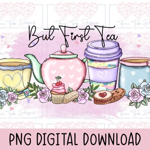 Puede incluir: Ilustración digital con el texto « But First Tea ». La imagen incluye una tetera, una taza de té, un vaso de café y una taza, junto con pasteles y elementos florales. La combinación de colores es rosa pastel y morado.