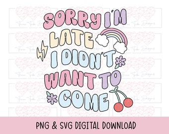 Retro svg för t-shirt, sublimeringsdesign med prästkrage, sarkastisk svg, regnbågssvg dtf-design, sommarclipart, förlåt att jag är sen, sarkastisk svg,