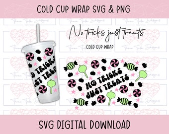 Inga trick bara godis Kall koppomslag svg, godis svg, halloween png, filer för Cricut, pumpa utan hål omslag, pumpa kall kopp svg 24 Oz