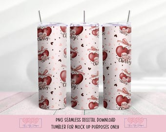 Söt som ett körsbär sömlös 20 oz tumbler wrap png, rosa rosett png, söta körsbär sömlösa mönster, hjärtformad tumbler wrap digital nedladdning,