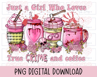 True crime png kaffemugg sublimering, Bara en tjej som älskar true crime och kaffe png, rosa rosmugg sublimering dtf-designer, skelett