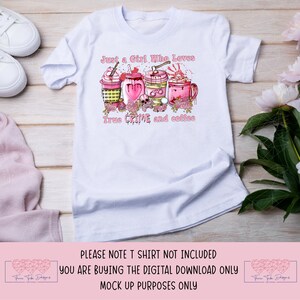 May include: A white t-shirt with a pink graphic design of coffee cups with crime-related imagery. The text "Just a Girl Who Loves True Crime and Coffee" is printed on the shirt.