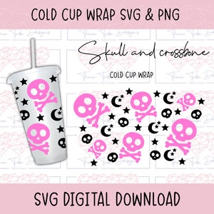 Puede incluir: Un diseño de calavera y huesos cruzados rosa y negro para una envoltura de vaso frío. El diseño presenta calaveras rosas con huesos cruzados negros y estrellas y medias lunas negras sobre un fondo blanco. El texto "Skull and crossbones" y "Cold Cup Wrap" está incluido en el diseño.