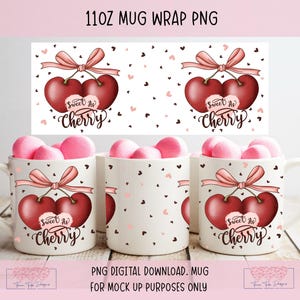 Pink bow mug wrap png, cute Cherry sublimation, coquette clipart digital download, trendy cherries png, heart design, retro clipart, 11oz