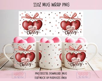 Rosa rosettmuggomslag png, söt körsbärssublimering, kokett clipart digital nedladdning, trendiga körsbär png, hjärtdesign, retro clipart, 11oz