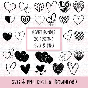 Heart svg bundle, doodle hearts png, svg files for cricut, cute heart svg, hand drawn clipart bundle, heart vector digital download