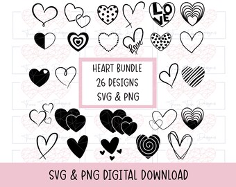 Hjärta svg-paket, doodle hjärtan png, svg-filer för Cricut, sött hjärta svg, handritat clipart-paket, hjärtvektor digital nedladdning