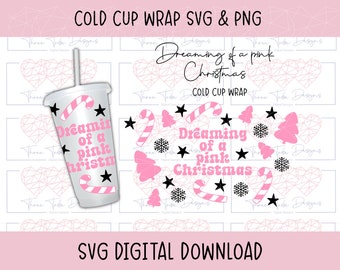 Julkallt muggomslag, polkagrissvg, rosa retro jul png, snöflinga 24oz kallt omslag utan hål, UV DTF muggomslag söt jul