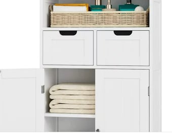 Homfa Bathroom Floor Storage Cabinet, Wood Linen Cabinet with Doors and Drawers andhite