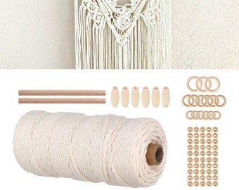 DIY Macrame Kit, Bohemian Home Decor, Wall Hanging Ornament Set, Natural Cotton Rope with Wooden Rings and Beads