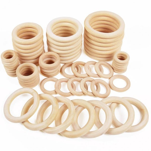 Wood Rings for Crafts, Multiple Sizes Natural Unfinished Wooden Macrame Rings, Wood Teething Ring, Plant Hanger Ring, Wood Purse Handle