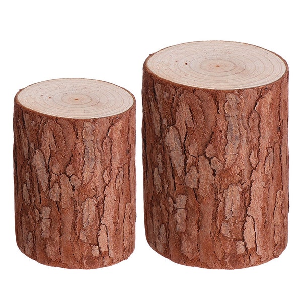 Blank Natural Fir Wood Stump with Bark, 2pcs Wood Stump for Craft Projects, Unfinished Log Wood Cutout, Multiple Uses