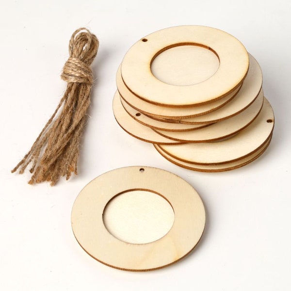 Cadre photo en bois vierge avec corde, 10 pièces/ensemble, porte-photo rond à suspendre inachevé, pour bricolage, décoration de table, cadeaux de fête, cadeau