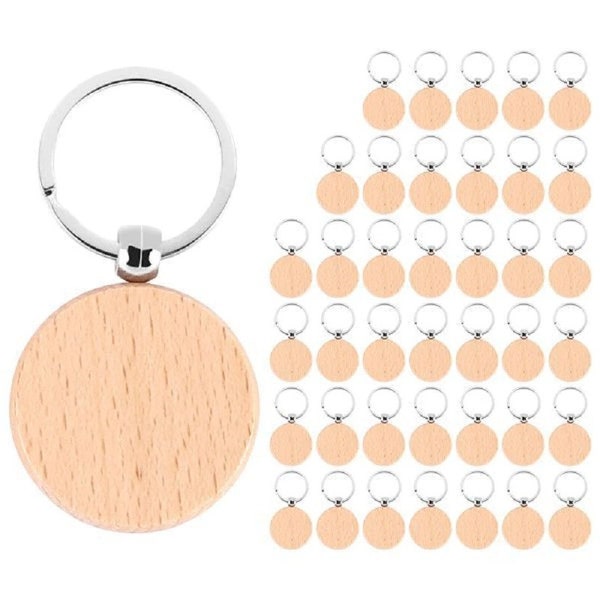 Blank Wooden Keychain with Ring 40pcs Unfinished Round Wood Key Tags for DIY Craft Gift 40mm