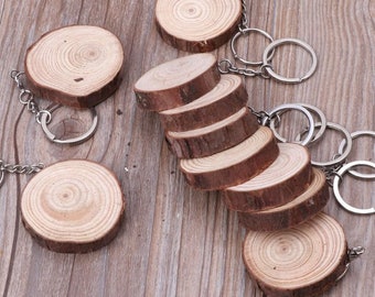 Blank Wood Round Keychain, 10pcs, Unfinished Wooden Key Tag, Wood Slice / Disc for Personalized Gift, DIY Wooden Craft