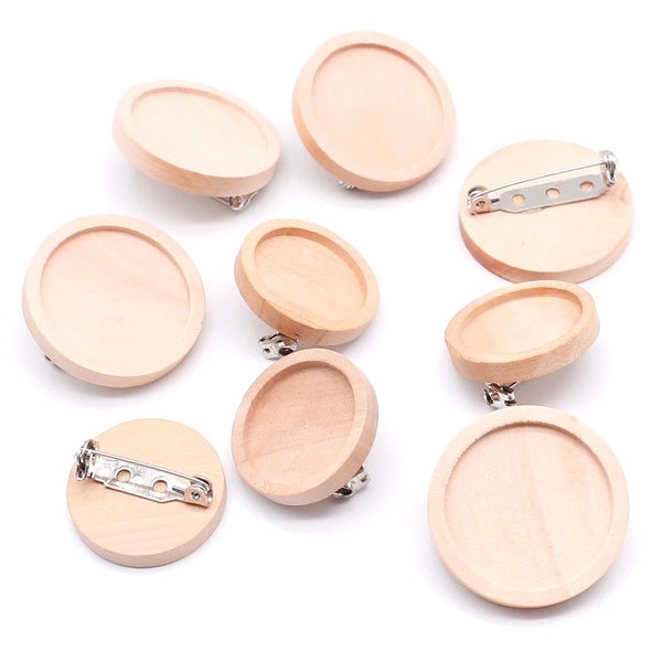 Wood Cabochon Safety Brooch Base, 10pcs, Round Sanded Wood Cutout, for DIY Craft, Paintable, Jewelry Making