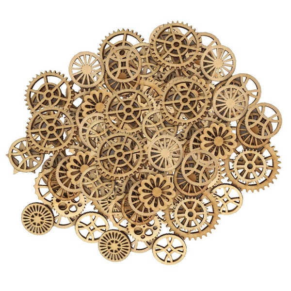 Blank Wooden Gear Cutout, 100pcs, Unfinished Mini Wheel Shape Laser Cut Out, Wood Cogs for DIY Craft, Scrapbooking, 25-50 mm/0.98-1.97 inch