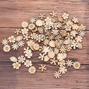 Assorted Wooden Flowers and Leaf Shape Cutouts, 100pcs, Unfinished Natural Wood Slices, for DIY Craft, Photo Props, Party Confetti