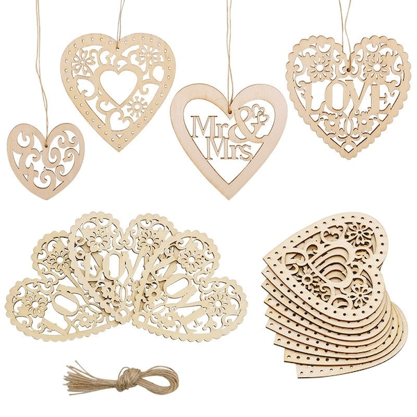 Coeur en bois rustique découpé avec corde de suspension, 10 pièces/ensemble, styles multiples, tranches de bois creuses d'amour inachevé, pour travaux manuels, décoration de mariage