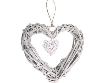 Couronne double coeur en osier, pendentif suspendu non fini, bois tissé à la main, pour travaux manuels, Noël, décoration de mariage, 19 x 18,5 cm/7,48 x 7,28 po