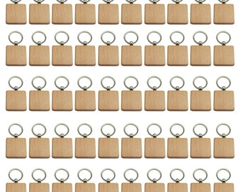 Blank Wooden Keychain with Ring 50pcs Unfinished Wood Square Key Ring, DIY Keyrings for Gifts, Lasering, Engraving 40x40mm/1.57x1.57"