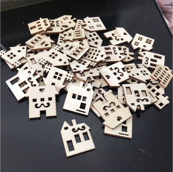 50PCS Wood Craft Shapes House Shaped Wood Embellishment Cutout Veneers for  DIY Craft Project Home Ornaments