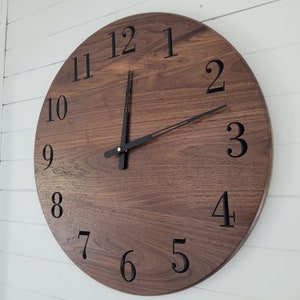 Custom 24&quot; Walnut Clock, Personalized Modern Wood Wall Clock With Quartz Movement, Engraved Wood Mantel Clock, Beach House, Office & Nursery