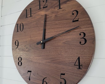 Custom 24" Walnut Clock, Personalized Modern Wood Wall Clock With Quartz Movement, Engraved Wood Mantel Clock, Beach House, Office & Nursery