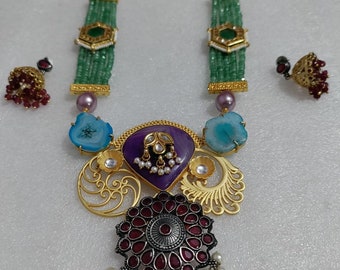 Indian Handmade Gold Necklace And Ear Rings Kundan Beaded women Jewelry