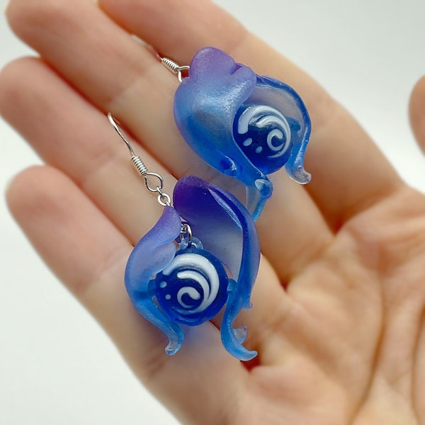 Boucles d'oreilles Hydroculus inspirées de l'impact de Genshin / Impression 3D de haute qualité en résine UV bleu foncé transparente / Fontaine / Focalors / Furina