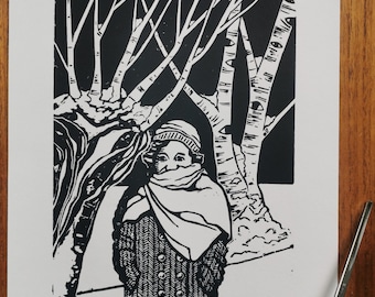 In De Sneeuw / linoprint / handgemaakt / muurdecoratie / lino print