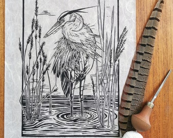 Reiger in het Riet / originele linoleum print/ handgemaakt