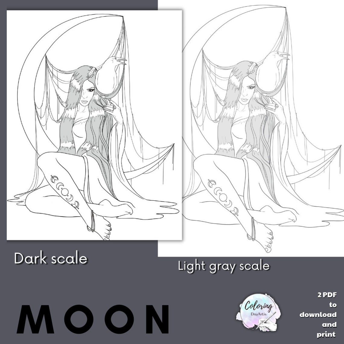 Moon Magic Coloring Page for Adults, 2 Printable Pdf Magic, Mystic ...