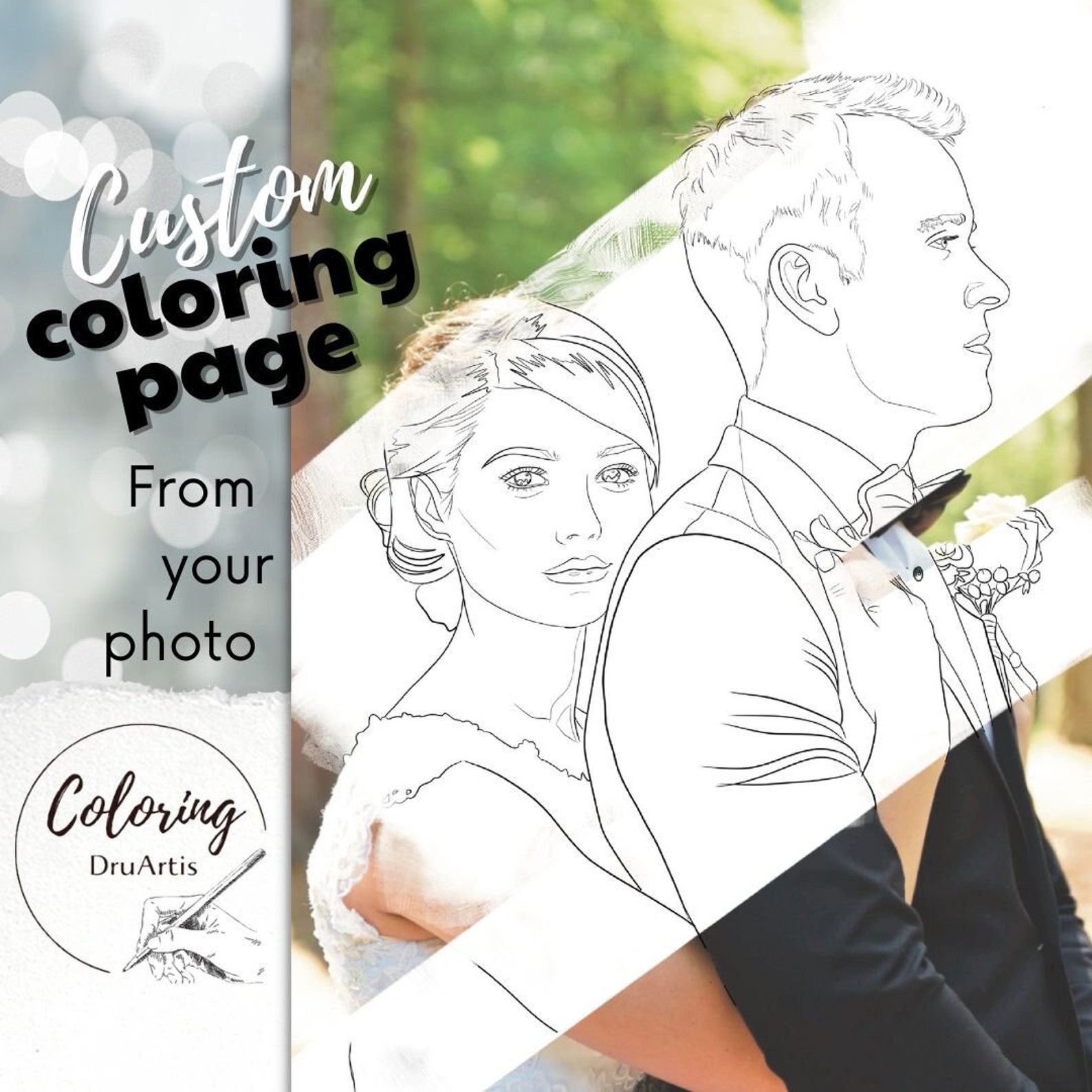 Custom Coloring Page From Your Photo, for Self-printing, Digital Download, Gift for Wedding ...