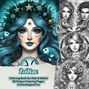 Zodiac Printable Coloring Book | 36 Unique Astrology Coloring Pages | Digital Download | Zodiac Sign Art | Astrology Gift