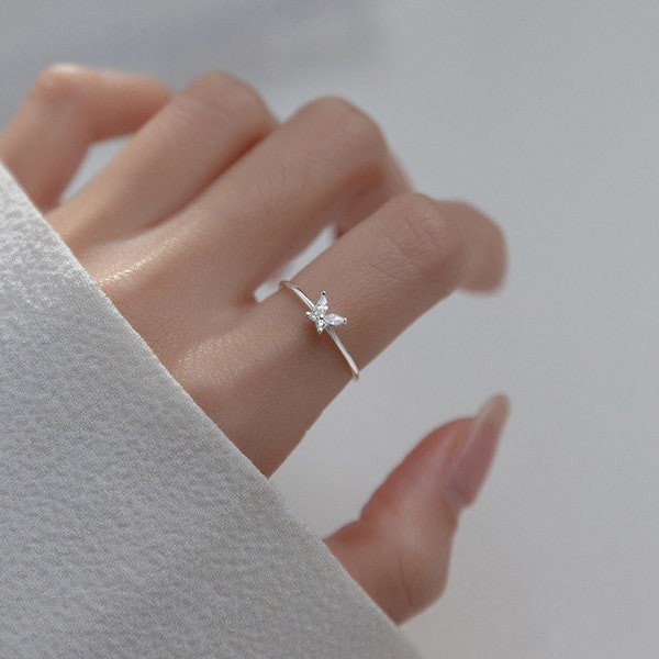 Dainty Butterfly Ring, Tiny Princess Ring, CZ Crystals Ring, Sterling Silver Stacking Ring, Good Luck Gift, Pinky Ring, Minimalist Ring