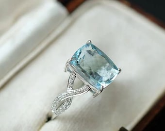 Natural Aquamarine Ring, 925 Silver Twisted Vine Engagement Ring For Women, Promise Ring March Birthstone, Anniversary Birthday Gift For Her
