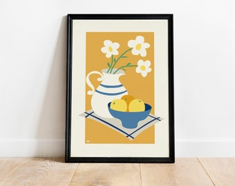 White Flowers, Oranges, Jug | Digital Art Print | Printable Wall Art | Living Room Poster | Kitchen Poster | Cafe Poster | Flower Lover Gift