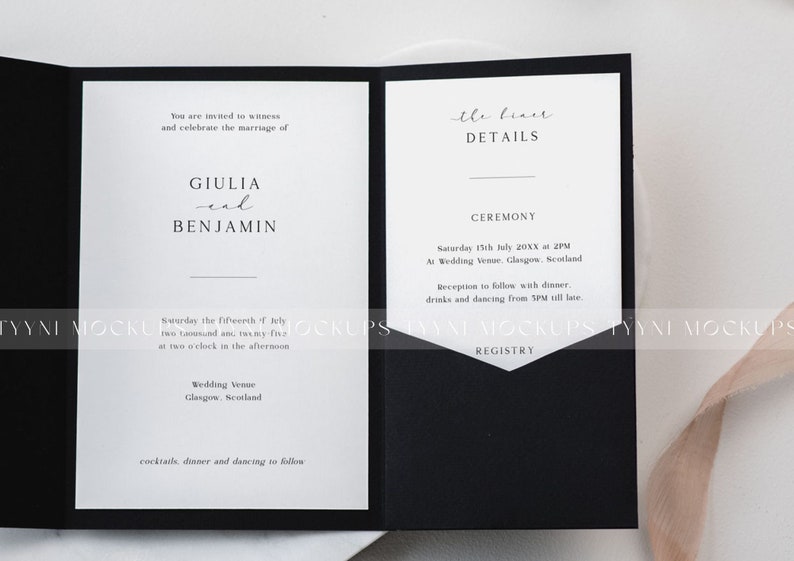 May include: Black and white wedding invitation with the names "Giulia and Benjamin" printed in elegant script. The invitation includes details about the ceremony and reception, with a pocket for registry information.