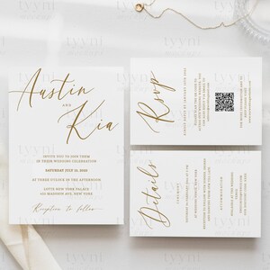 May include: Gold calligraphy wedding invitation suite with a white background. The invitation includes the names "Austin and Kia", the date "Saturday July 15, 2023", the time "Three o'clock in the afternoon", the location "Lotte New York Palace, 455 Madison Ave, New York", and the text "Reception to follow". The RSVP card includes the text "RSVP" and a QR code. The details card includes the text "Details" and the ceremony time and location.