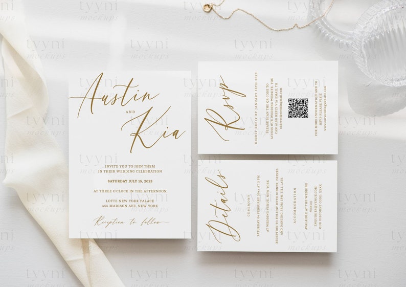 May include: Gold calligraphy wedding invitation suite with a white background. The invitation includes the names "Austin and Kia", the date "Saturday July 15, 2023", the time "Three o'clock in the afternoon", the location "Lotte New York Palace, 455 Madison Ave, New York", and the text "Reception to follow". The RSVP card includes the text "RSVP" and a QR code. The details card includes the text "Details" and the ceremony time and location.