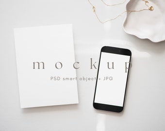 Card and Iphone mockup, Minimalist iPhone screen mockup, Digital invitation mockup, Invite and smart phone, Modern Greeting Card mockup