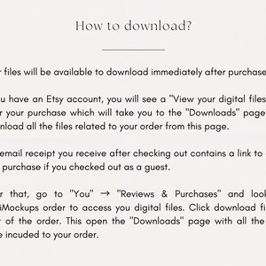 May include: A white background with black text explaining how to download digital files after purchasing from Etsy. The text includes instructions for downloading files after purchasing with an Etsy account, as well as instructions for downloading files after purchasing as a guest.