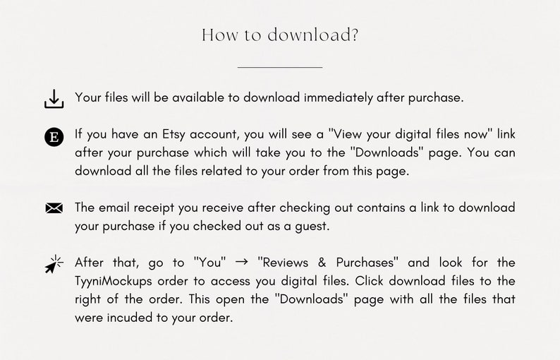 May include: A white background with black text explaining how to download digital files after purchasing from Etsy. The text includes instructions for downloading files after purchasing with an Etsy account, as well as instructions for downloading files after purchasing as a guest.